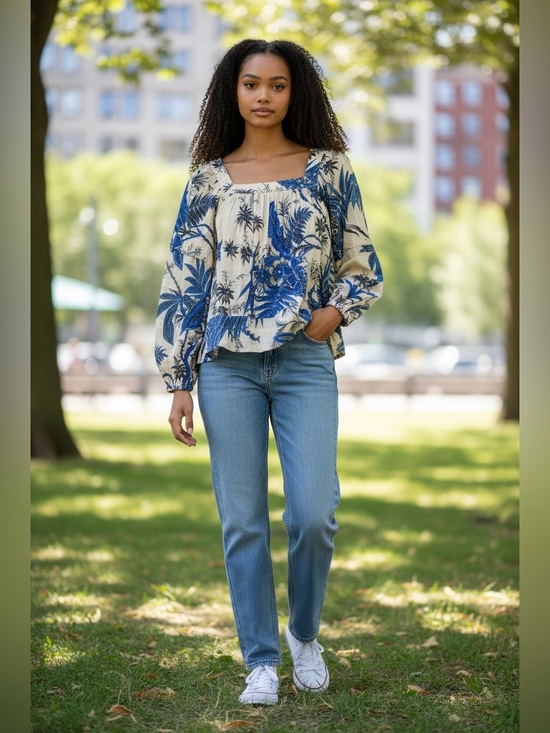 Banana Republic Tops - Banana Republic Cream and Blue Floral Peasant Blouse